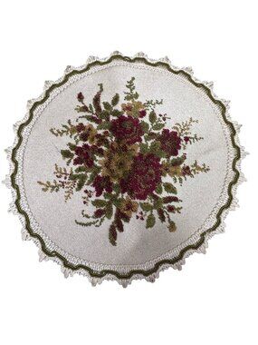 Baroque 9" Round Belgian Floral Tapestry Doily or Doll Rug Gold Lace Trim READ